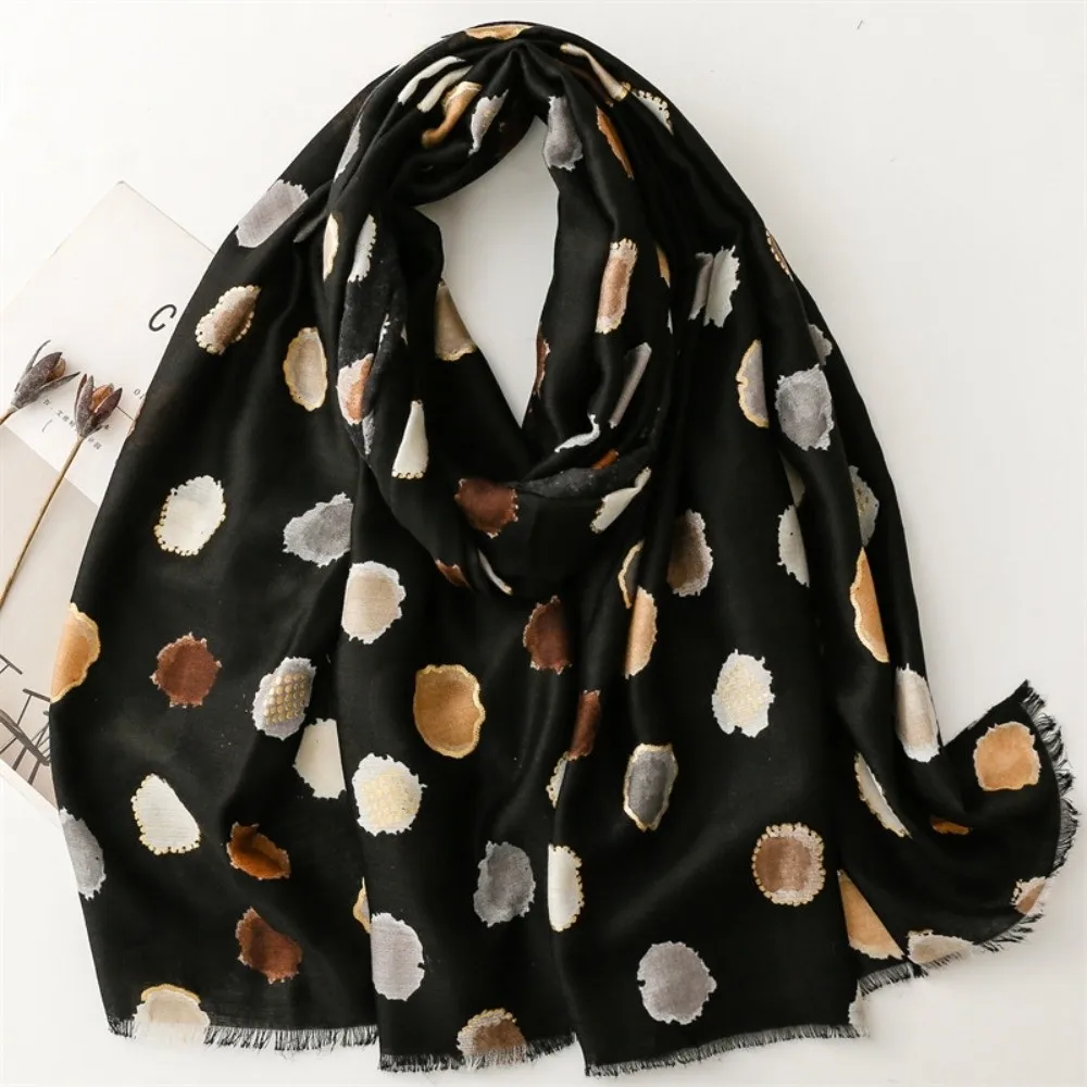 Soft Fabric Polka Dot Scarf Cotton Blend Large Size Fringe Wrap Lightweight Design Multi Color Bohemian Print Scarf For Women
