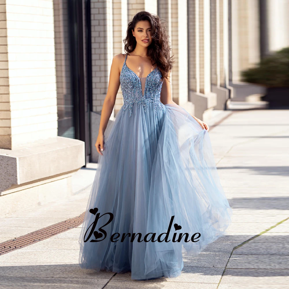 

Bernadine Fancy V-Neck Evening Dresses for Women Spaghetti Straps Backless A-Line Pleated Beadings Tulle Vestido De Fiesta