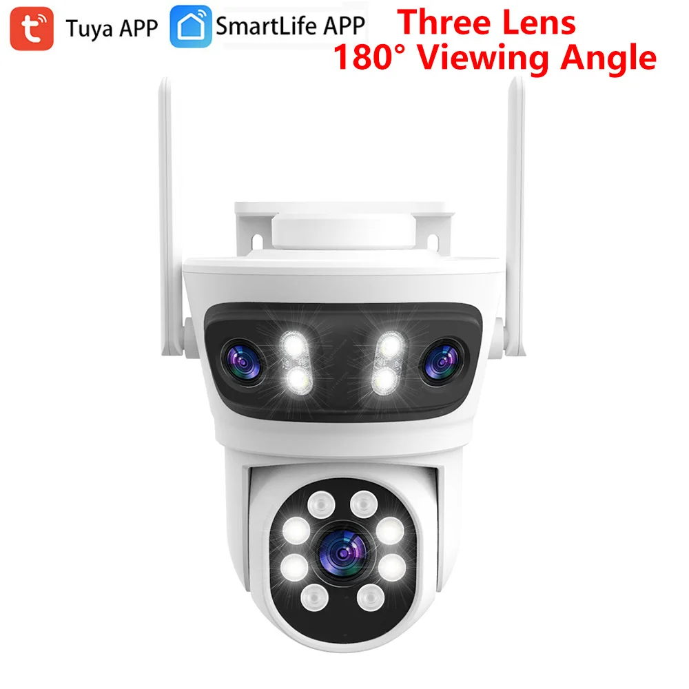 

Тройной 3-объектив Tuya SmartLife 2,4G Wi-Fi 3MP Wi-Fi Отслеживание движения Ночное видение Открытый PTZ CCTV Сирена Световая сигнализация Камера ONVIF