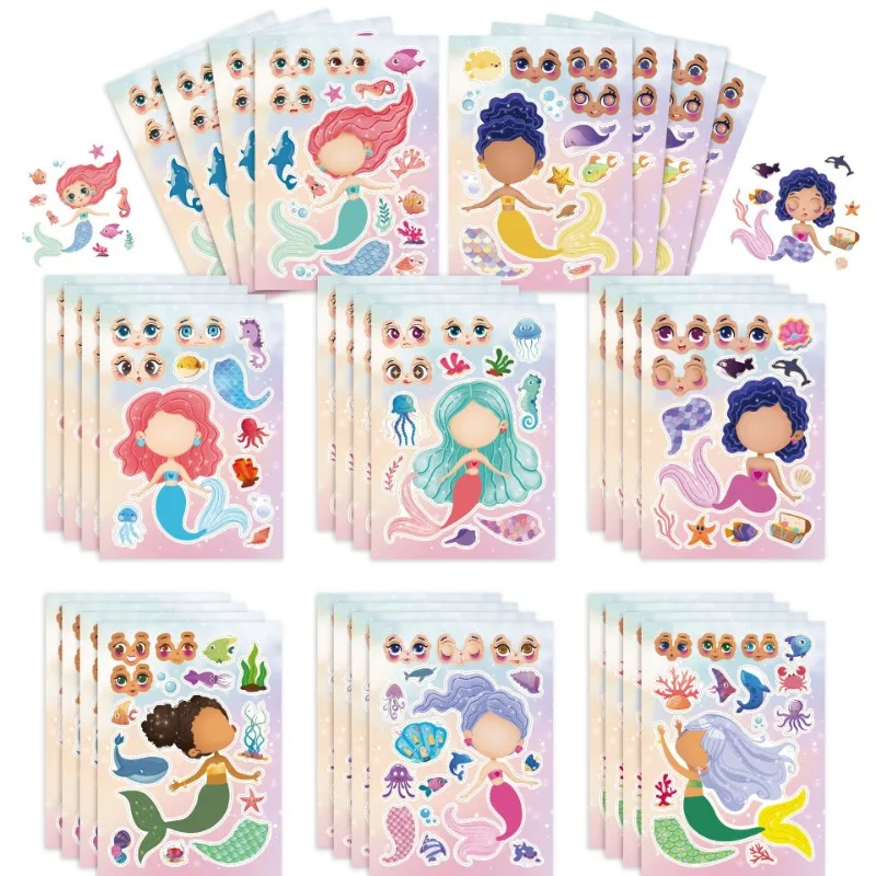 8Sheets Mermaid Anime Stickers Make-a-Face Assemble Funny DIY Decal Assemble Jigsaw Children Girl Birthday Gift