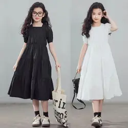 2024 new summer princess white black dress boat neckline short sleeve backless kids children Ruffle teens 5 6 8 9 10 11 12 years