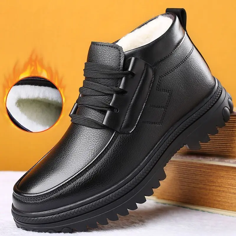 Men's Winter Thermal Insulated Snow Boots Trendy Versatile Leather Shoes Lace Up Anti Slip Warm Cotton Shoes Comfortable