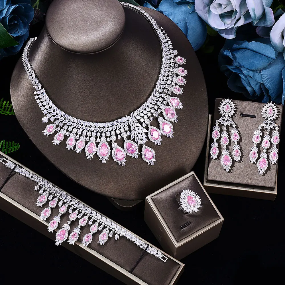 

2023 Popular 4-piece Wedding Bridal Jewelry Set Women's Cubic Zirconia Necklace Earrings Dubai Nigeria Crystal Necklace Set