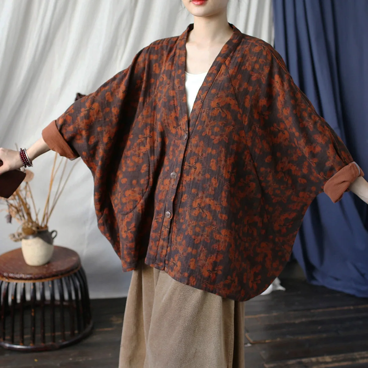 

Women Hanfu Kimono Cotton Leisure Jacket Batwing Sleeves Large Size Vintage Printed Open Front Button Down Fall Outwear Coat
