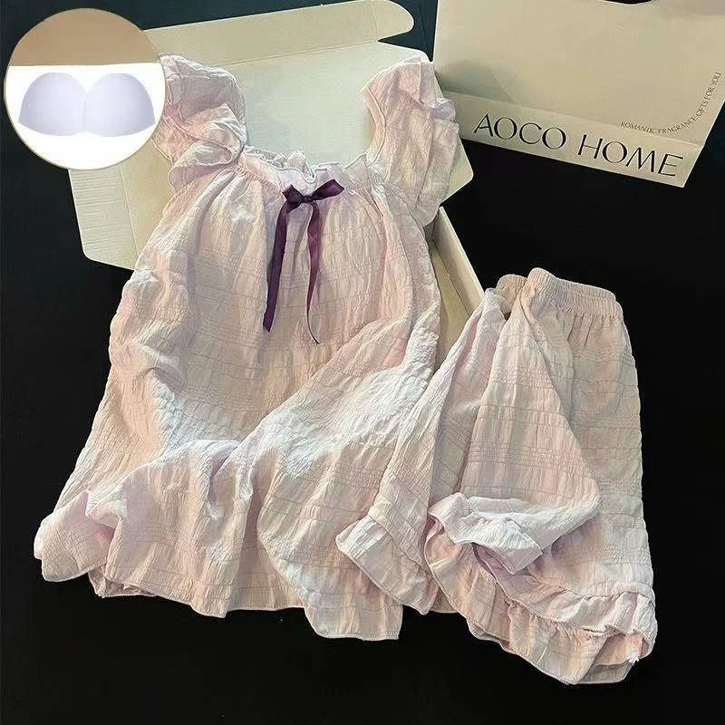2-teiliges Set Damen Niedliche Einfarbige Pyjamas Sommer Damen Bequeme Brustpolster Homewear Mädchen Süße Schleifen-Pyjama-Sets