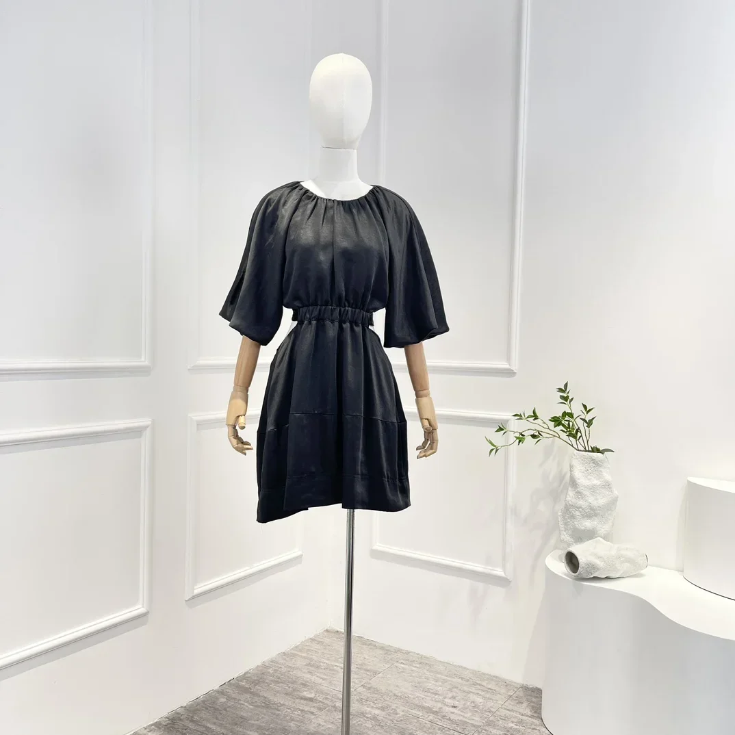 Hochwertige neue Kollektion himmelblau weiß schwarz elastische Taille aus geschnitten halbe Laterne Ärmel elegantes Mini kleid für Frauen