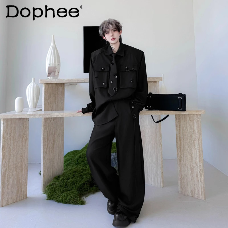 

Men's 2025 Autumn New High-End 2pcs Stylish Tie Embroidered Pocket Two-piece Sets Long Sleeve Solid Color Chic Shirts Pants Sets