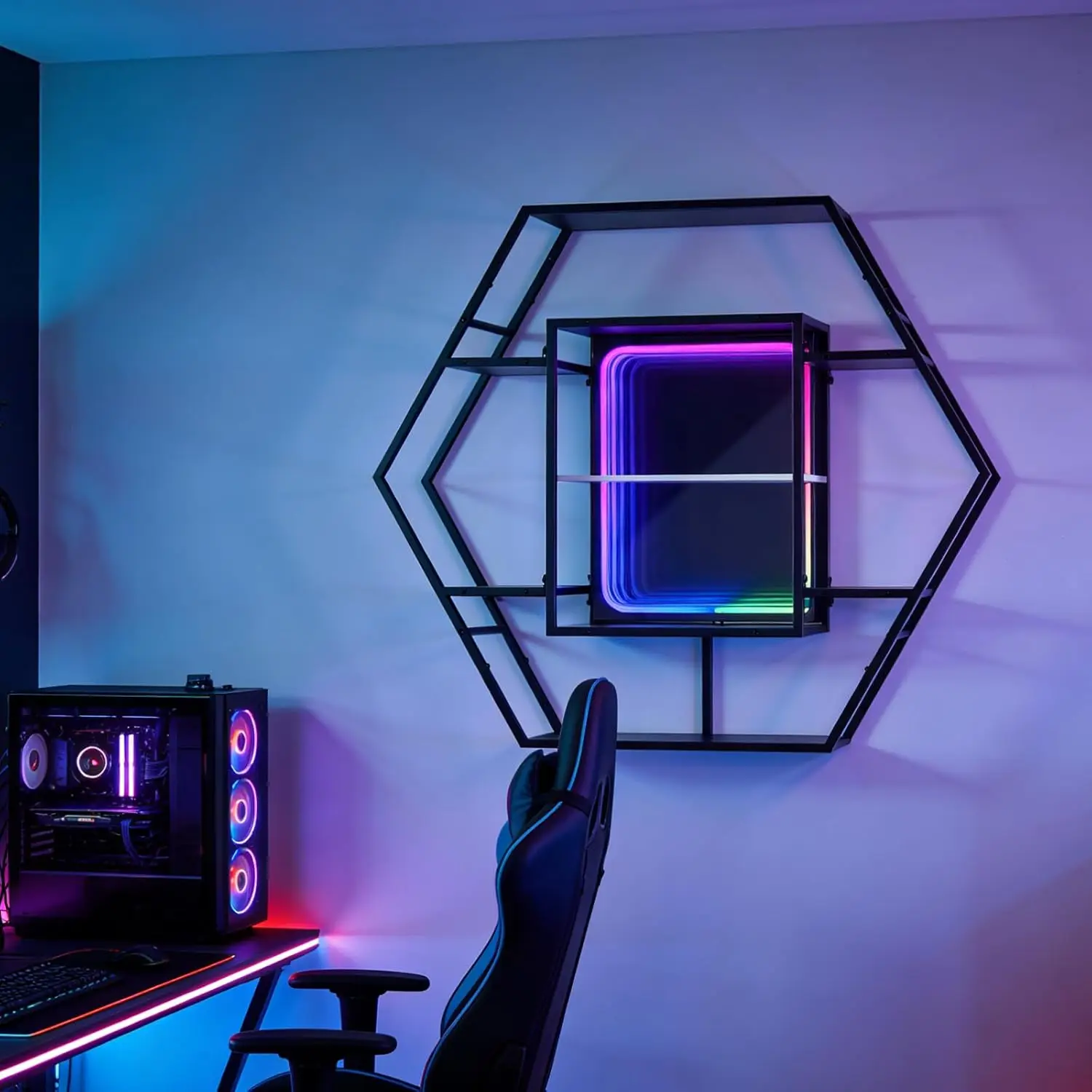 

Настенные полки Infinity Mirror для геймеров с LED-подсветкой, шестиугольные, с RGB-подсветкой и управлением через приложение, для коллекционных предметов