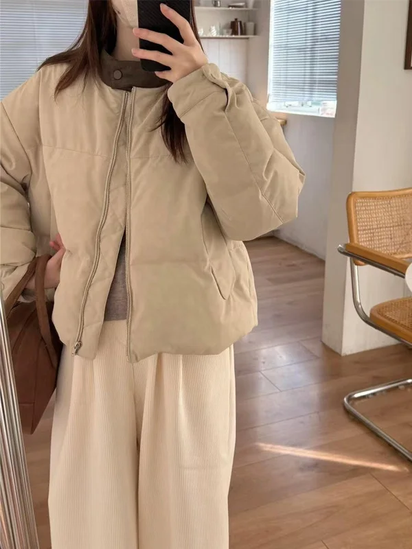 

Faionable Thiened Casual Stand Collar Warm Cotton Jaet Women's Commute Sle Winter Outerwear Korean Loose Fit Zipper