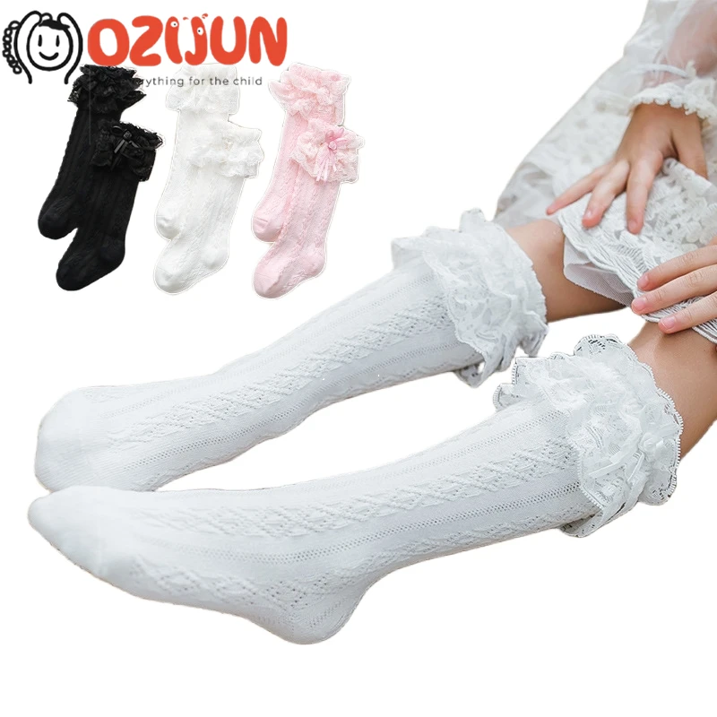 

Princess Girls Double Lace Frill Tulle Ruffle Knee-high Socks Cotton Mesh Breathable Patterned White Socks 0-6 Years Children's