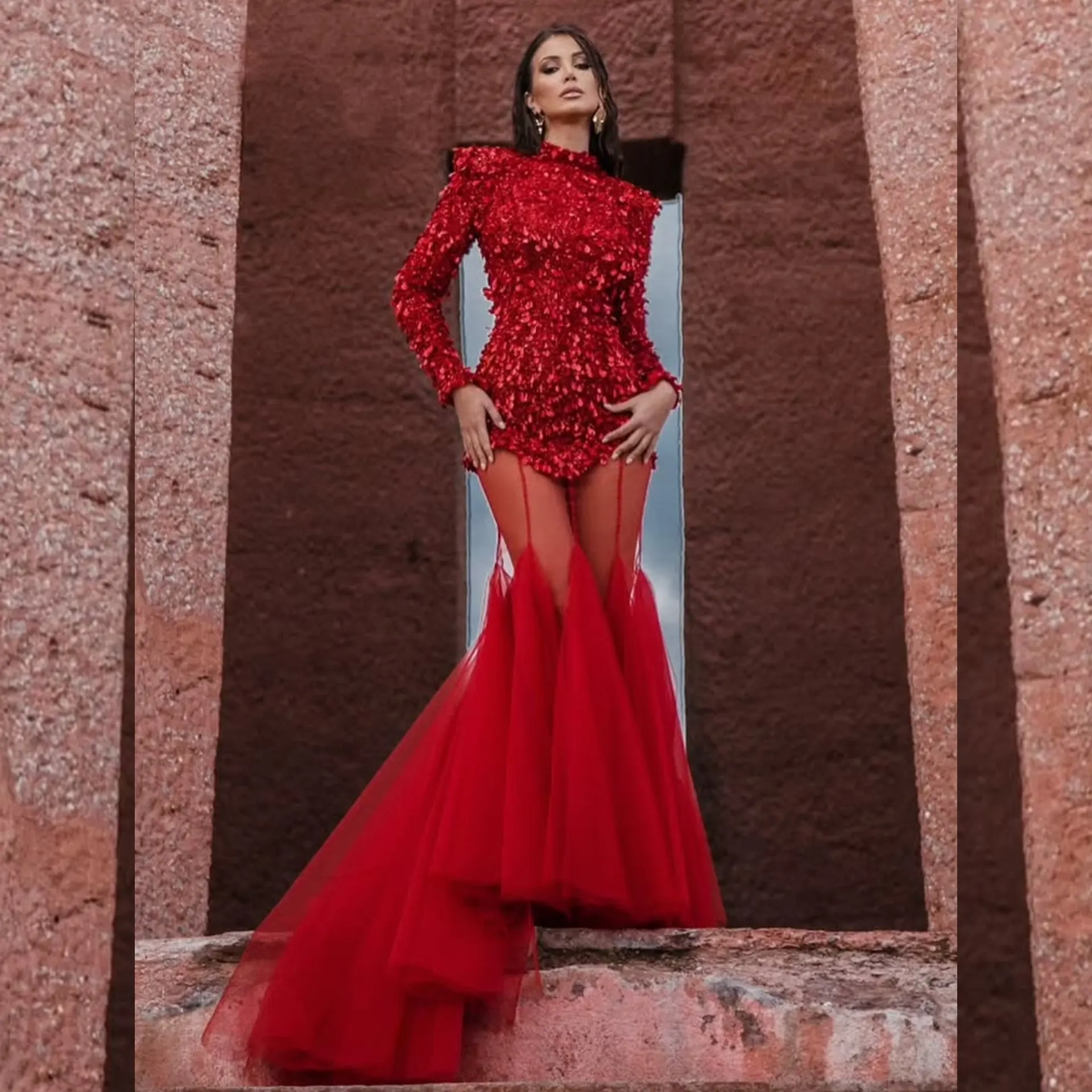 

Red High Slit Mermaid Tulle Skirt Long Evening Gown Formal Party Outfit with Transparent Mesh Floor Length Fish Tail Skirts 2026