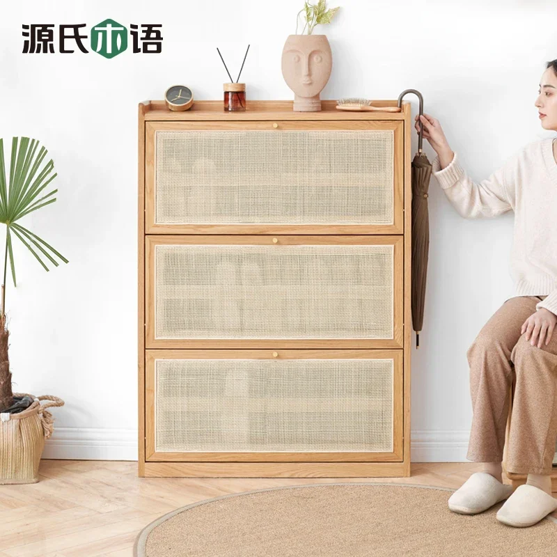 Solid Wood Ultra-thin Tipping Bucket Shoe Cabinet, Living Room Entry Rattan Narrow Entrance Cabinet, Household Storage Locker