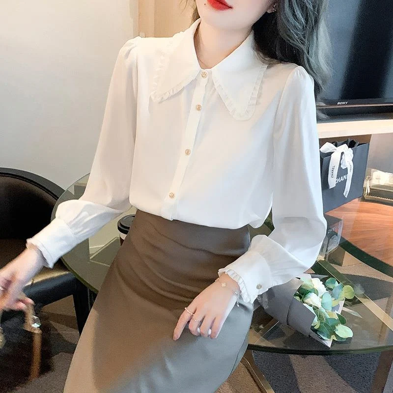 White Peter Pan Collar Sweet Elegant Blouses Korean Style Women Autumn Ruffle Long Sleeve Office Ladies Button Shirt Tops Blusas