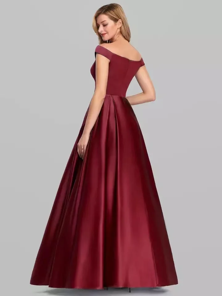 Burgundy Off Shoulder Satin Prom Dresses 2022 Women Navy Blue Evening Party Formal Bridesmaid Wedding Guest Maid of Honor Gowns