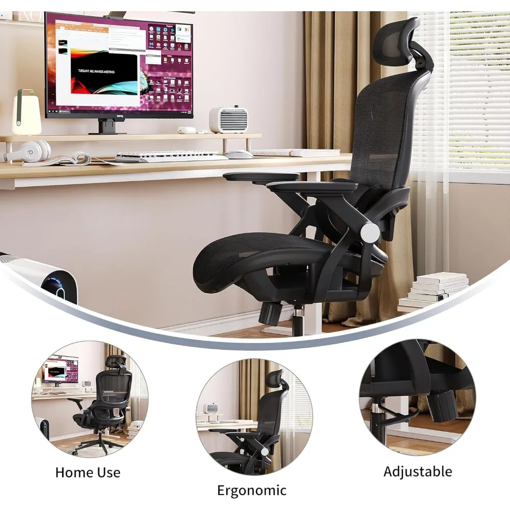 كرسي دوار مريح عالي الظهر مع دعم قطني ومسند للرأس، ارتفاع قابل للتعديل، وأذرع قابلة للطي، وميزة هزازة لـ Comf