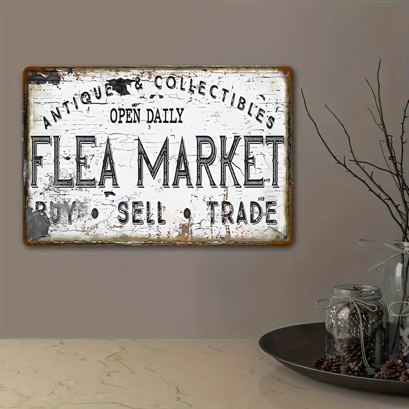 خطة أرضية ثنائية الأبعاد، قطعة واحدة من لافتات معدنية عتيقة لسوق البراغيث - زخرفة جدارية ريفية عتيقة مع "FLEA MARKET" والتجارة #4