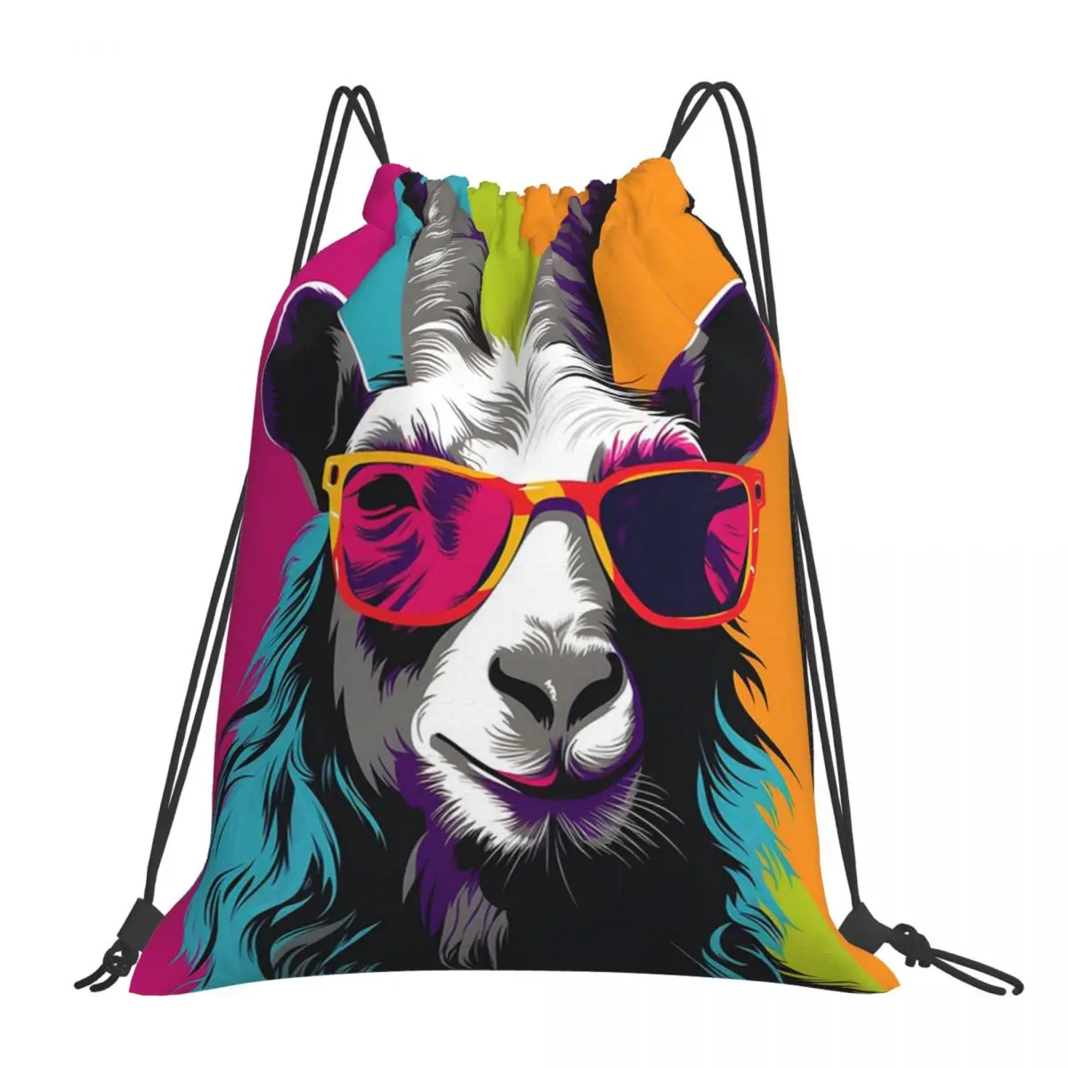 Goat Wearing Glasses Portrait. Animal Colorful Backpacks Drawstring Bags Drawstring Bundle Pocket Storage Bag Book Bags