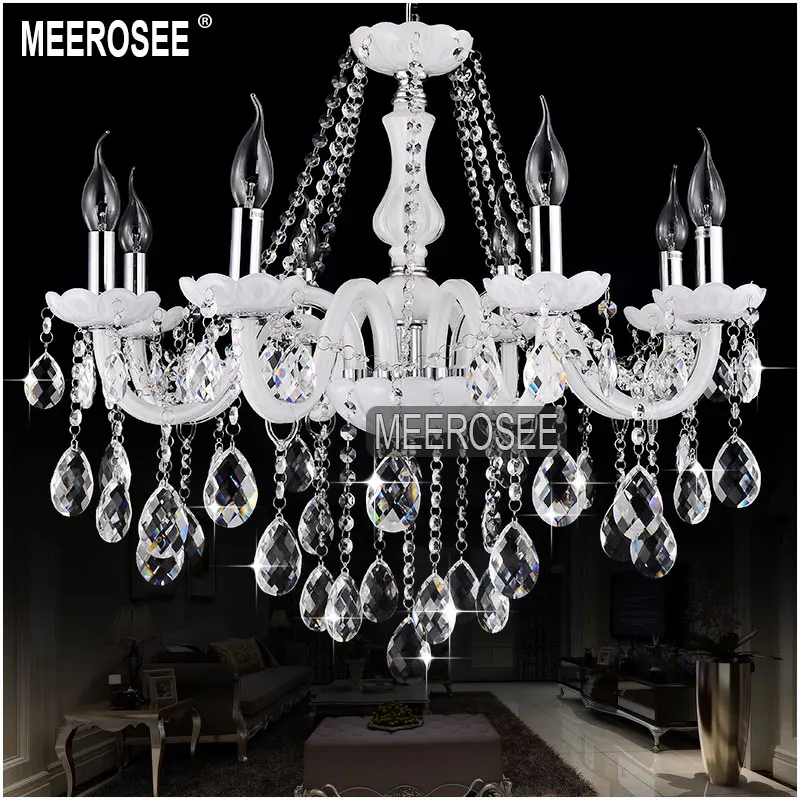 Meerosee Modern Chandeliers Lighting White Elegant Glass Pendant Lamps Lobby Lusters with 8 Lampholders MD801