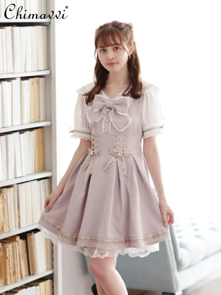 

Lolita Style Sail Collar Dress Female Student 2023 Summer New Polo Collar Lace-up Sweet Cute Bow Decoration High Waist Dress