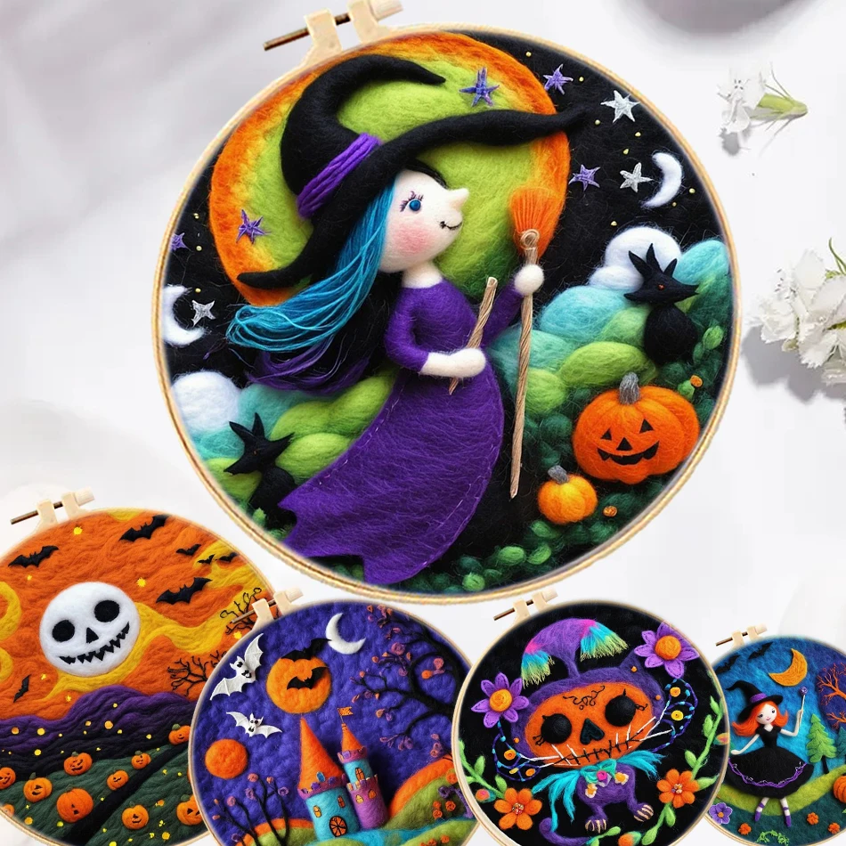 

Halloween Pattern Needle Felt Wool Painting For Beginners Witch Skeleton Diy Felt Painting Handmade Wool Needle Felting Kits