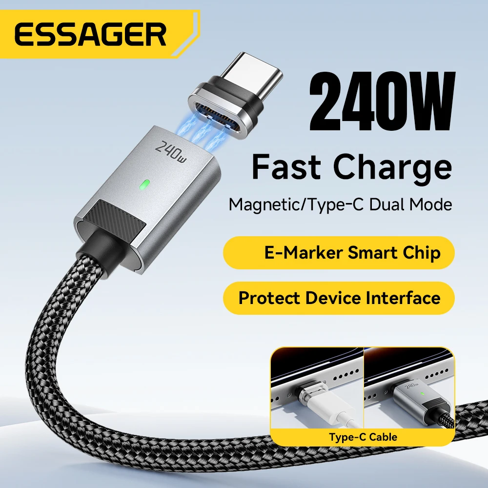Essager USB C Cable 240W Magnetic USB Type C Cable PD 5A Fast Charging Data Cord For iPhone 17 Macbook Pro Xiaomi Huawei Samsung