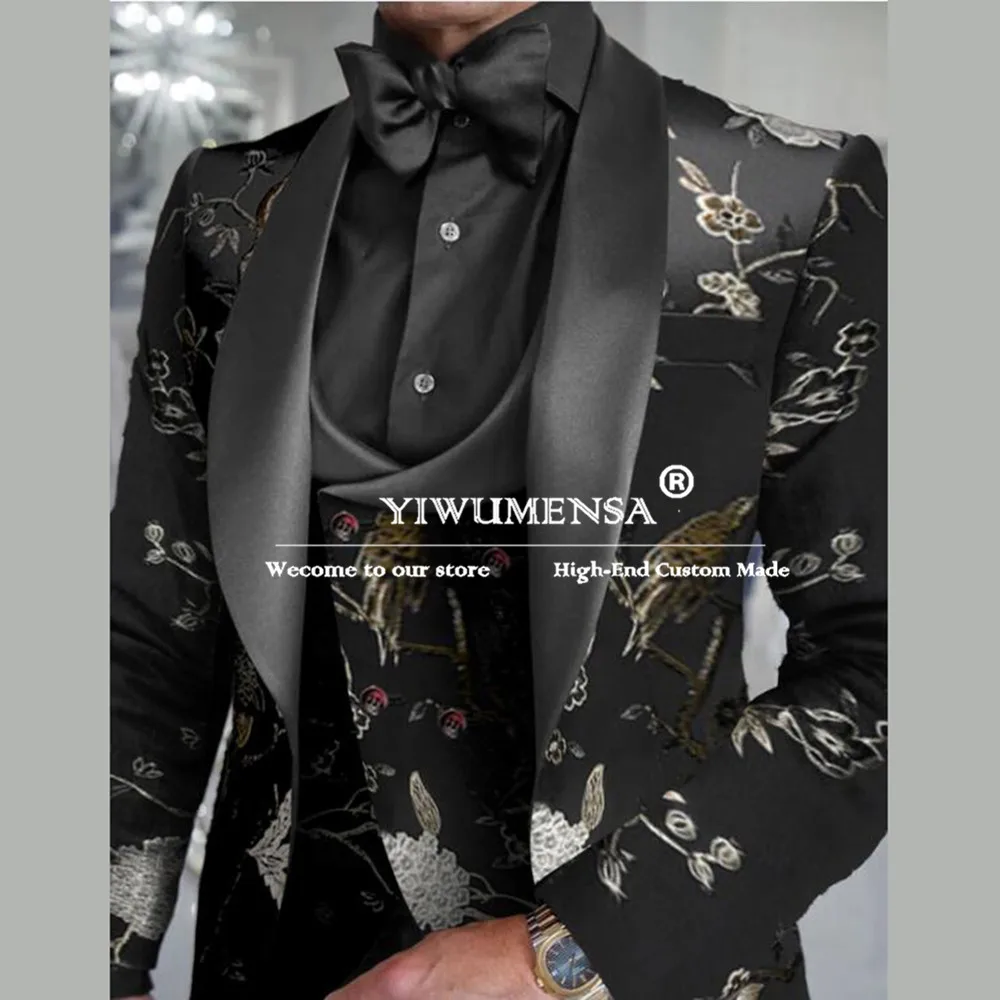 

Elegant Wedding Suits Floral Pattern Groom Tuxedos Customized 3-Piece Dresses Formal Occasion Men's Tuxedos Slim Fit Prom Blazer