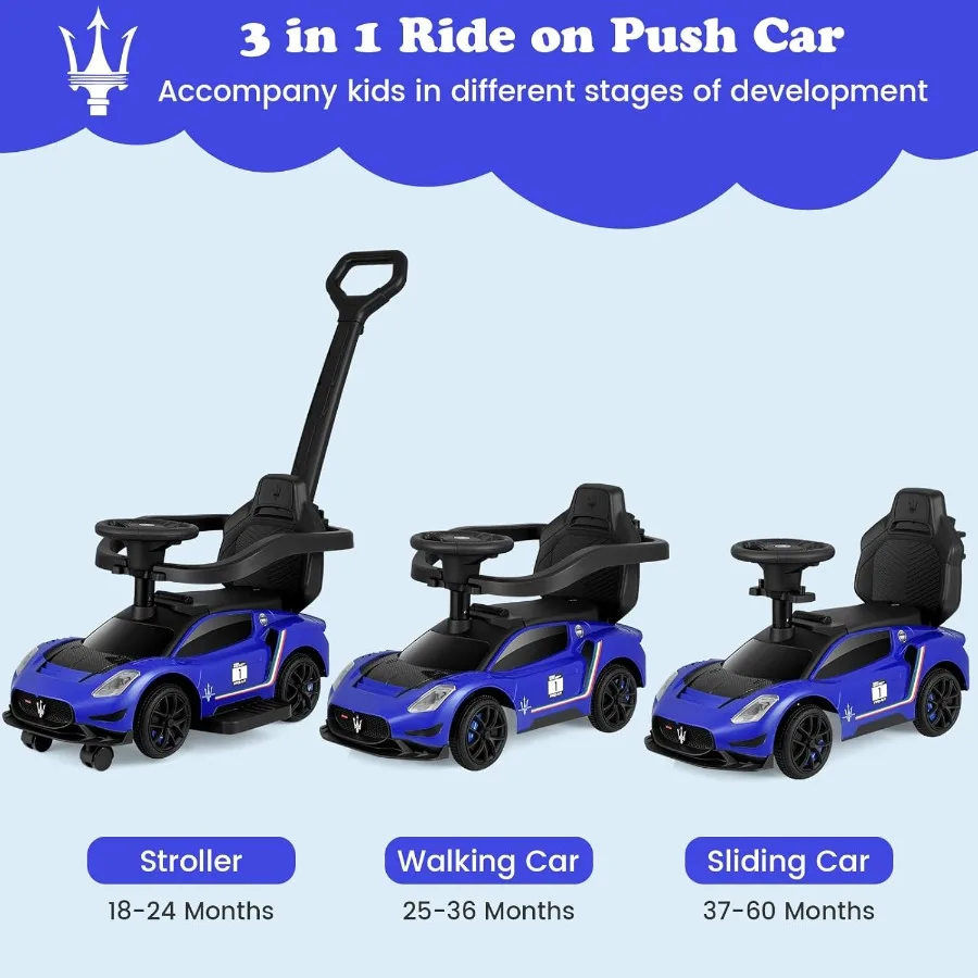 幼児用3in1プッシュカー、ライセンス取得済みマセラティベビーカー、プッシュハンドル、ホーン、音楽、収納付きのスライド式歩行車