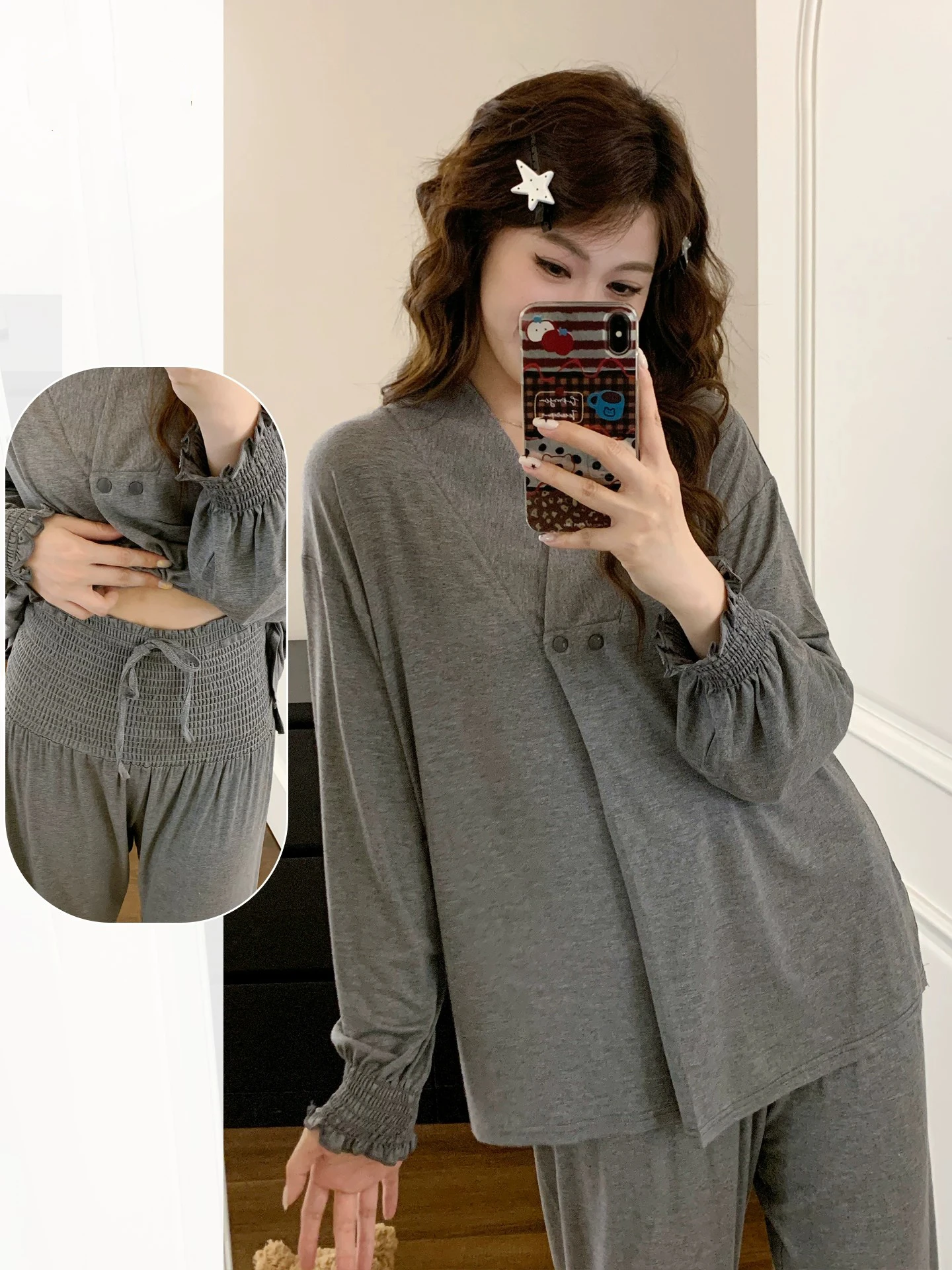 postpartum-home-clothes-sleepwear-high-waist-belly-support-long-sleeve-thin-large-size-summer-spring-maternity-nursing-wear