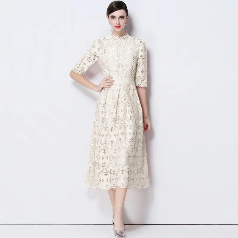 Ele Hollow out Hook Flower Heavy Work Dr Women's Waist Cinching Slimming Svel High Waist Knitted Polyester Fiber