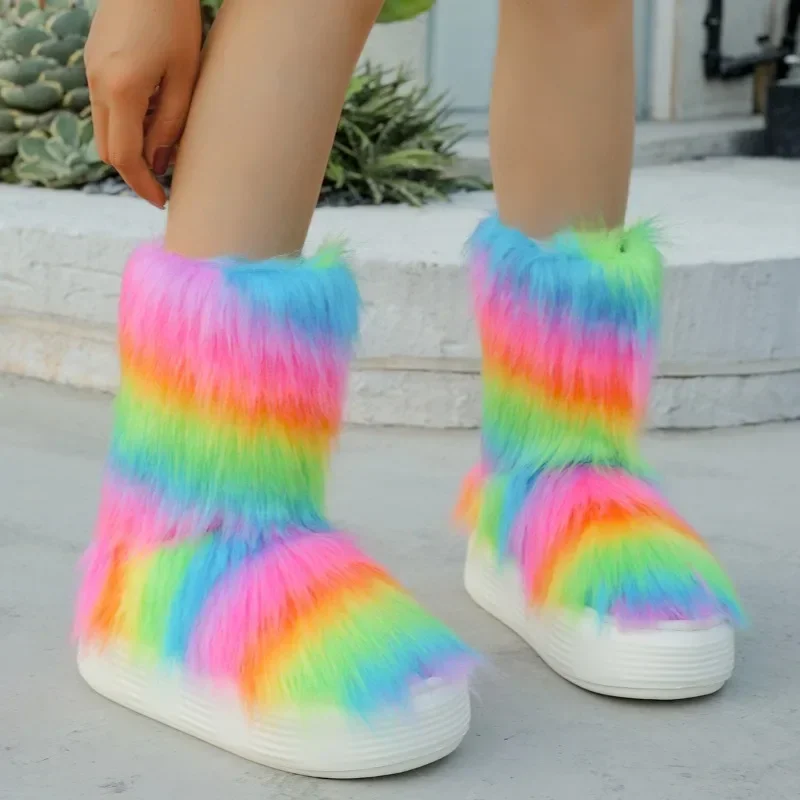 Rainbow Fur Ankle Women Snow Boots Platform Shoes Winter 2025 Brand New Warm Flats Chelsea Boots Short Plush Fashion Women Shoes