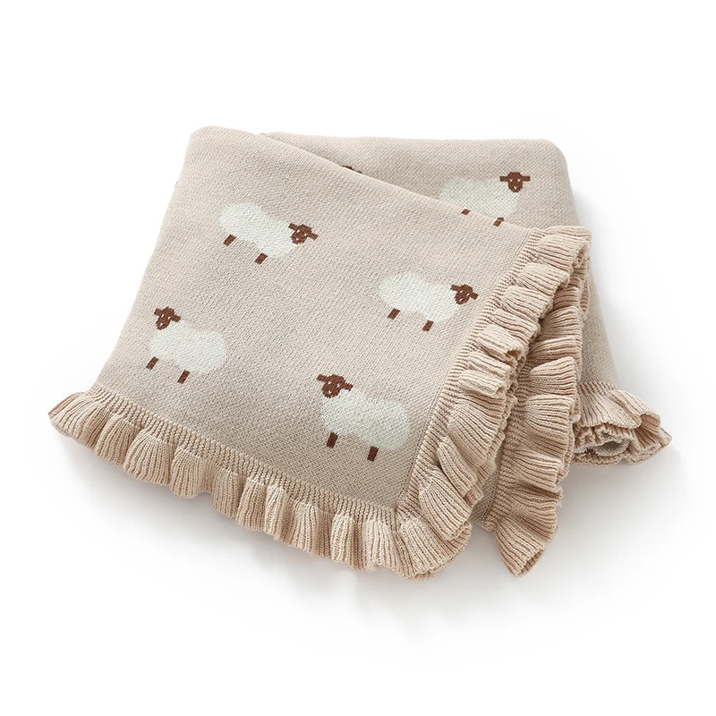 ベビーブランケット綿ニット新生児寝具キルト-90-70-センチメートル幼児ベビーカーおくるみかわいい漫画羊チェック柄ソフトファッションフリル