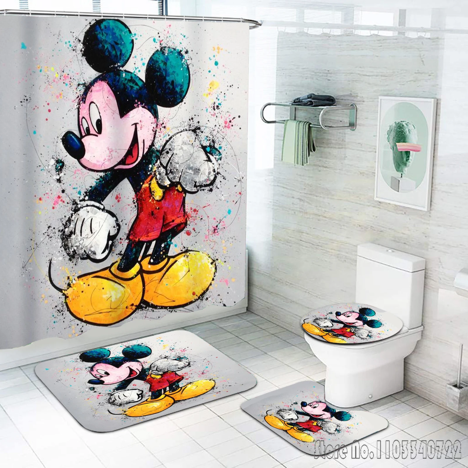 Mickey Mouse Disney Bath Shower Curtain Set 4pcs with Hooks Waterproof Bathroom Toilet Mat Lid Decor