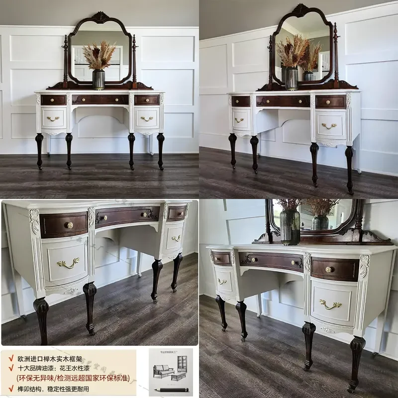 French Retro Solid Wood Dresser with Mirror Carved Vanity Table Two Tone Luxury Storage Desk for Villa Bedroom