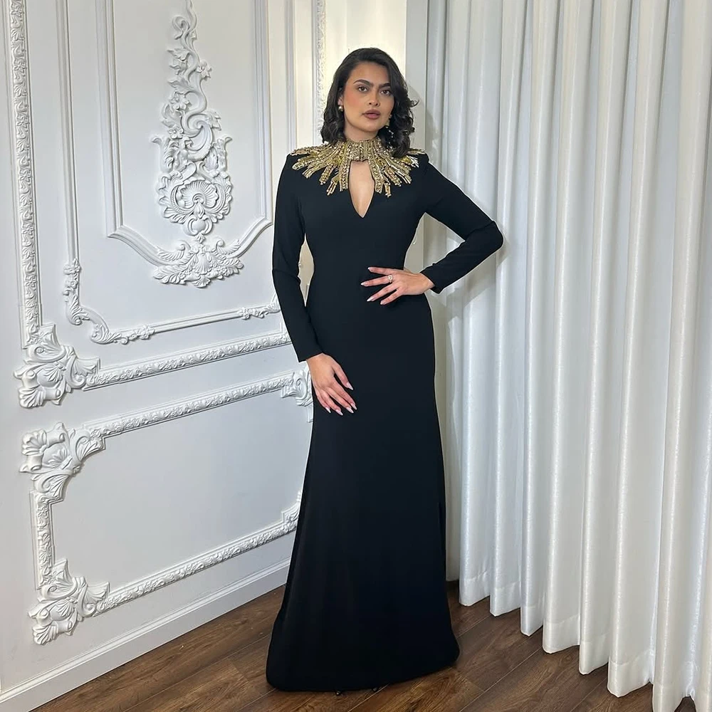 

Простое вечернее платье из джерси с круглым вырезом по индивидуальному заказу, вечернее платье с длинными рукавами и кристаллами на спине, вечернее платье русалки длиной до пола, платье для выпускного вечера