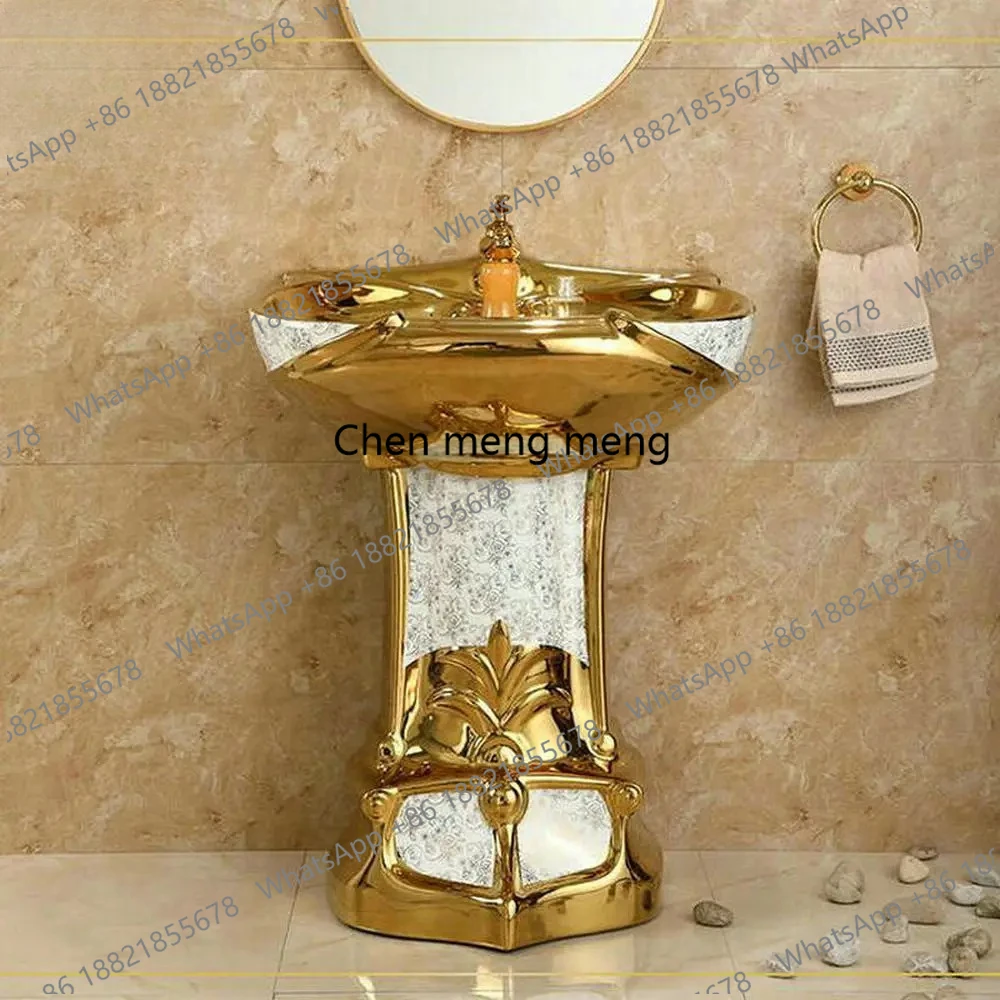  Luxury Gold Modern Stylish Villa Washbasin House Renovation Ceramic Bathroom Sink With Stand Home Decor Pedestal Sink