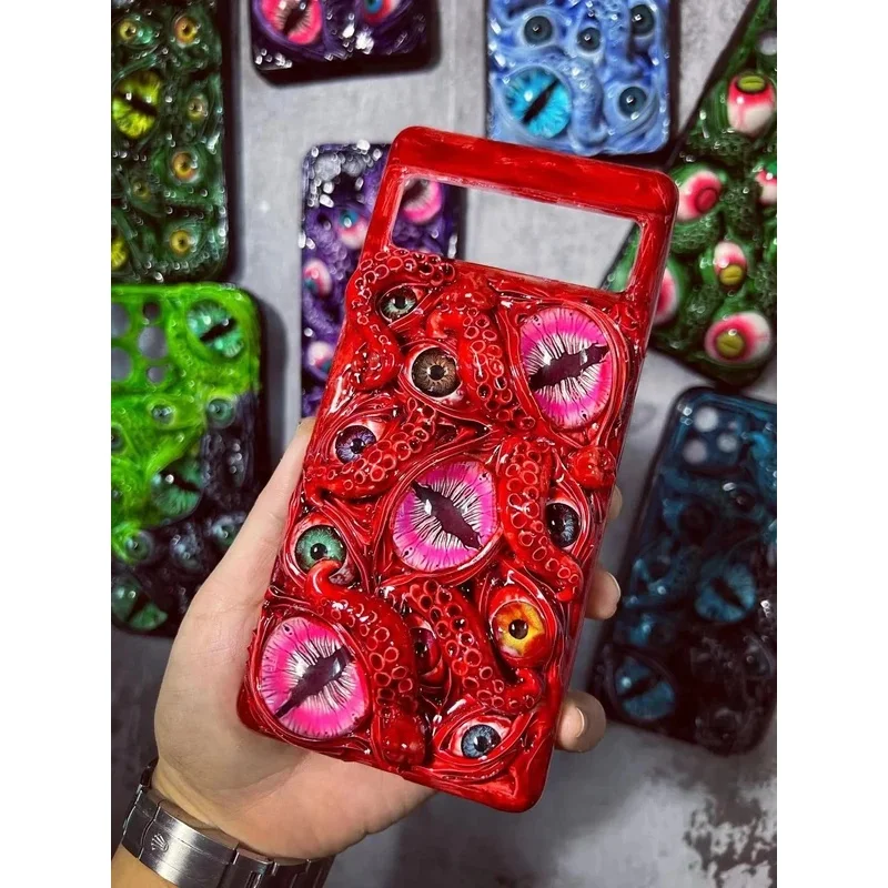 Handmade 3D horror Cthulhu's Eye phone case, suitable for iPhone 17, 16, 15, 14, 12, 11, Pro Max, made of soft silicone material