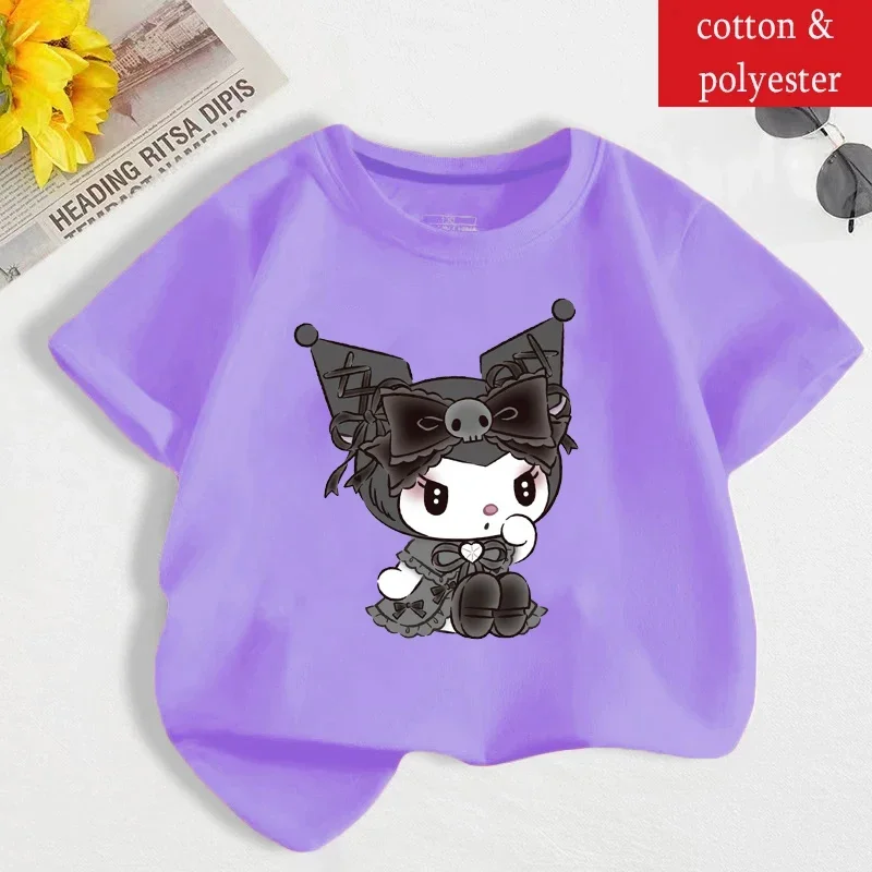 Kuromi Children Short Sleeves T-Shirts Cartoon Fashion Tops Anime Sanrio Girls Purple Kids Summer Tees Clothes Birthday Gift New