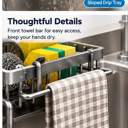 Kitchen Sink Organizer Rack Carbon Steel Rust Resistant Fast Draining Sink Caddy Holder for Sponge Brush Dishcloth Kitchen Count