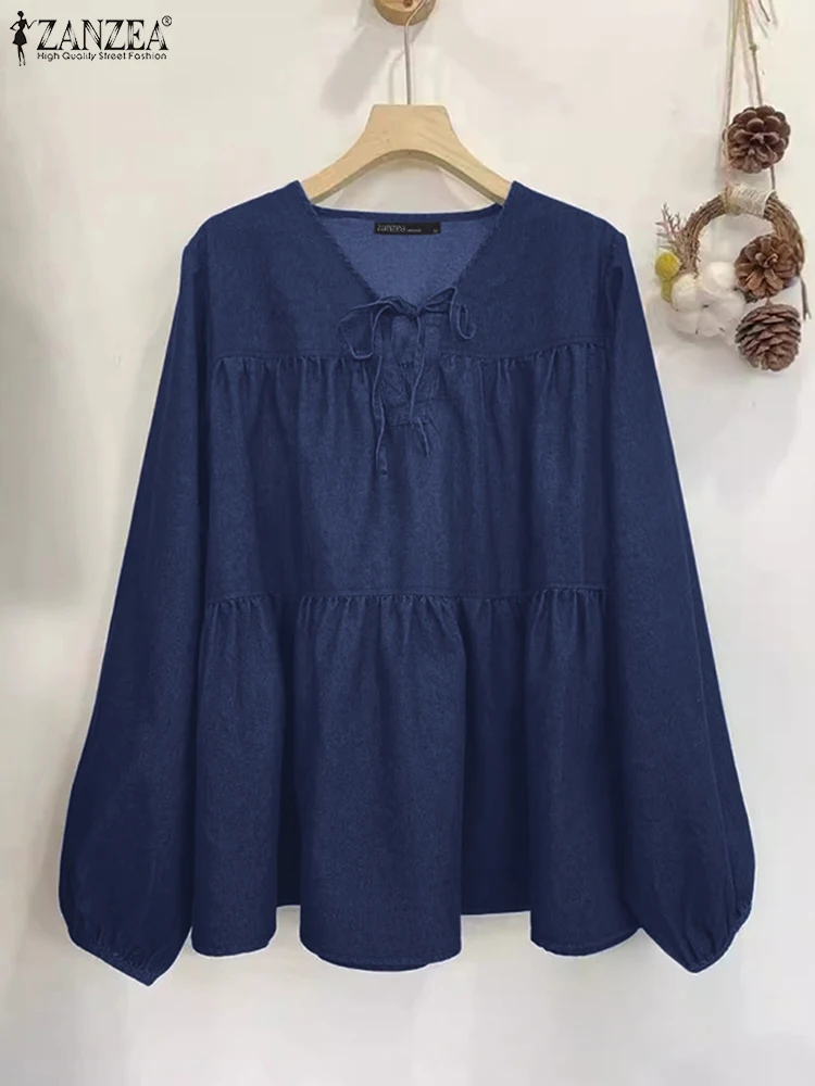 2024 Autumn Fashion Denim Blue Blouse ZANZEA Women Shirt Elegant Long Sleeve Lace Up Tops Tunic Stylish Work Holiday Blusas