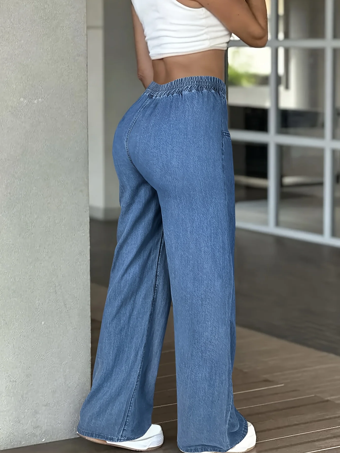 Jean droit taille haute de couleur unie pour femmes, Design de ceinture élastique avec cordon de serrage, pantalon léger et confortable à jambes larges