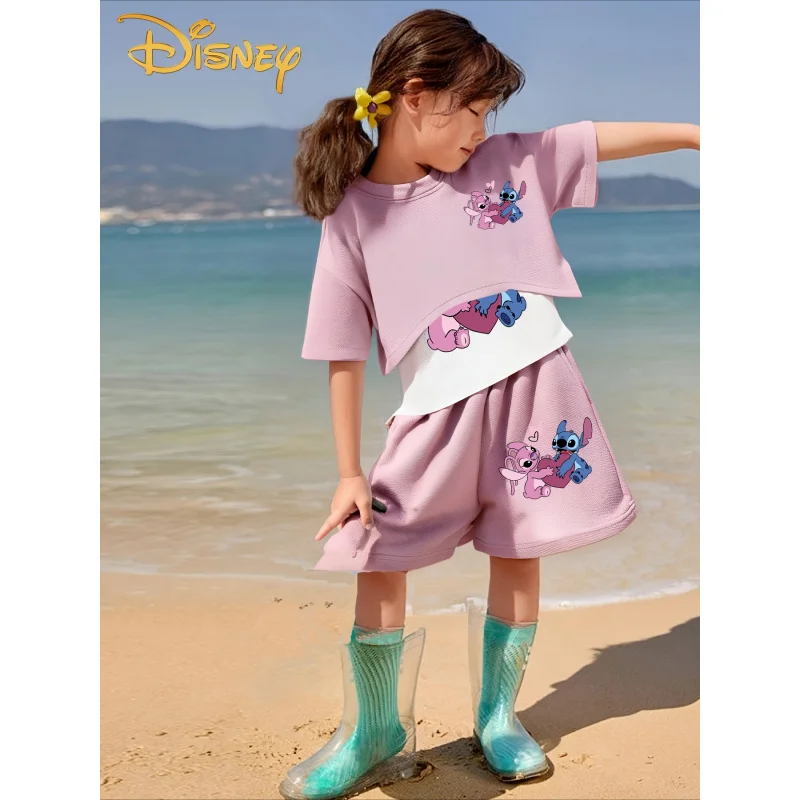 3 Potong Set Musim Panas Anak Perempuan Kartun Disney Stitch dengan Tank Top dan Celana Pendek Bertali - Penting untuk Aktivitas Luar Ruangan