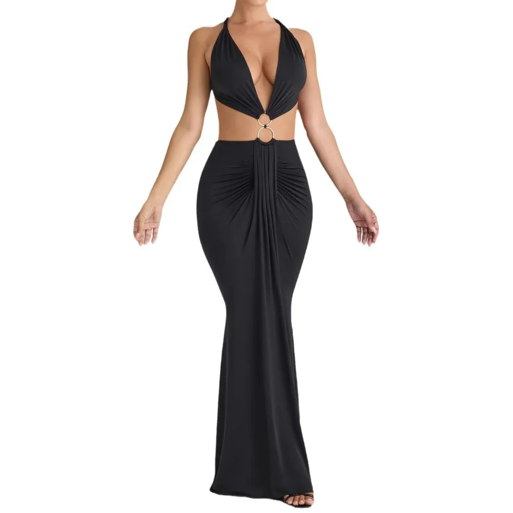 2024 Grensoverschrijdende Nieuwe Mode Dameskleding Amazon Herfst Europese En Amerikaanse Sexy Cut-out Lace-up Backless Diepe V Jurk