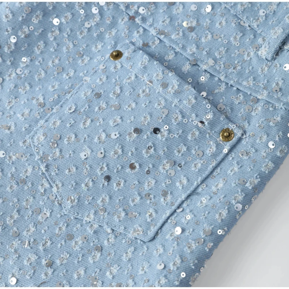 Blue Denim Sequined Jacket Short Coat+Shorts Women Sets Long Sleeve Lapel Coats Slim Short Pants 2 Piece Set 2024 Spring Outfit