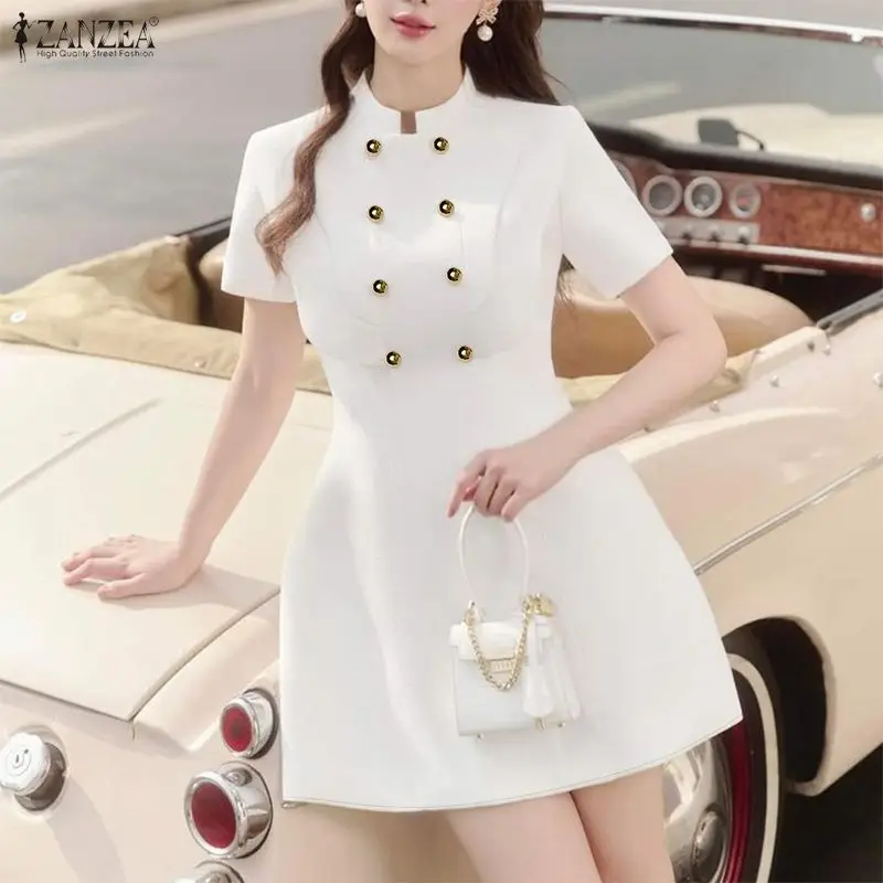 ZANZEA Vestido corto ajustado a la cintura para mujer, estilo francés elegante, con cuello alto, manga corta, Vestido elegante para oficina, cóctel, fiesta