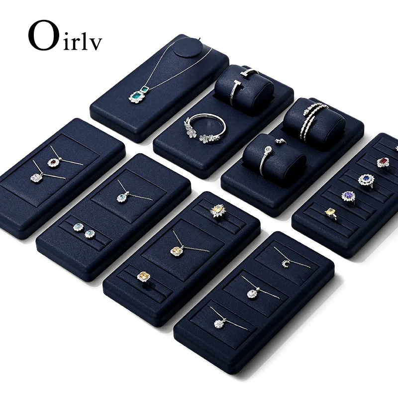 

Oirlv Blue Leather Jewelry Display Set for Earring Ring Necklace Bangle Shop Trays Counter Jewelry Display Props