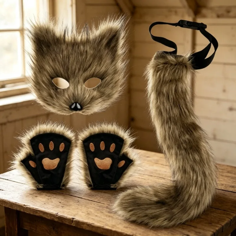 Women Fox Cosplay Accessory Set 3Pcs Muticolor Tail Mask Gloves Fluffy Furry for Halloween Costume Party Prop