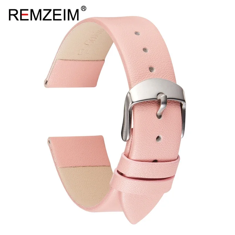 Remzeim macio ultra-fino couro de bezerro pulseiras de relógio feminino 14mm 16mm 18mm 20mm 22mm pulseira de pulso rosa