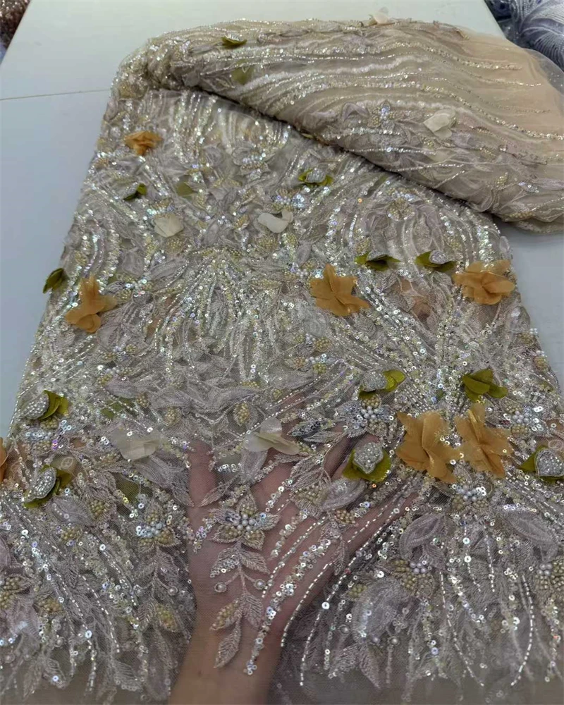 

African Beaded Groom Lace Fabric 2025 High Quality French Mesh Lace Fabric Sequins Nigerian Lace Fabrics For Wedding Dress Sew
