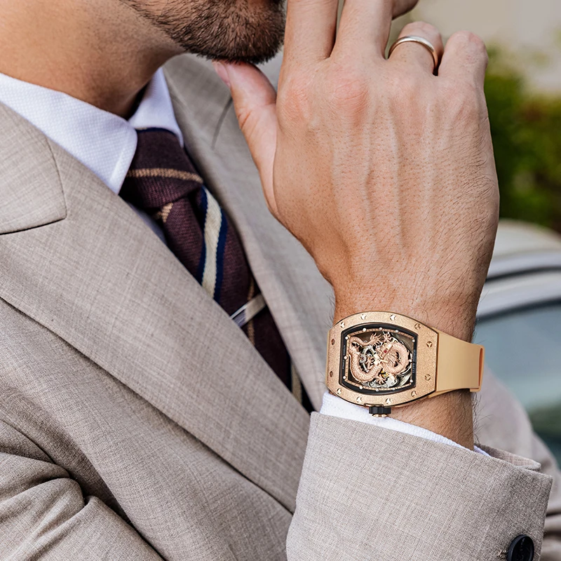 

BONEST GATTI Chinese Dragon Tonneau Skeleton Automatic Watch Frosted Steel Sapphire Crystal Fluororubber Strap Wristwatch