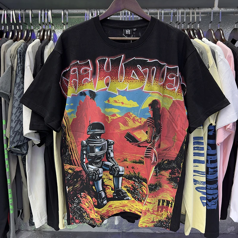 Y2K Street Life Hustlers T Shirts Various Styles Letter Rhinestone Robot Woman Graphic Print Tshirt Hip Hop Unisex Short Sleeve